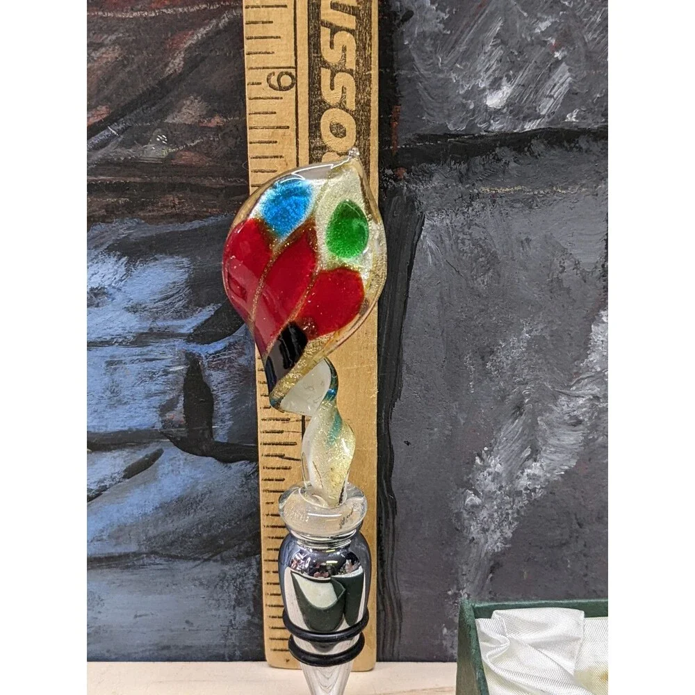 Murano Art Glass Wine Stopper Metal Barware In Box Red Aqua White  Gold specks